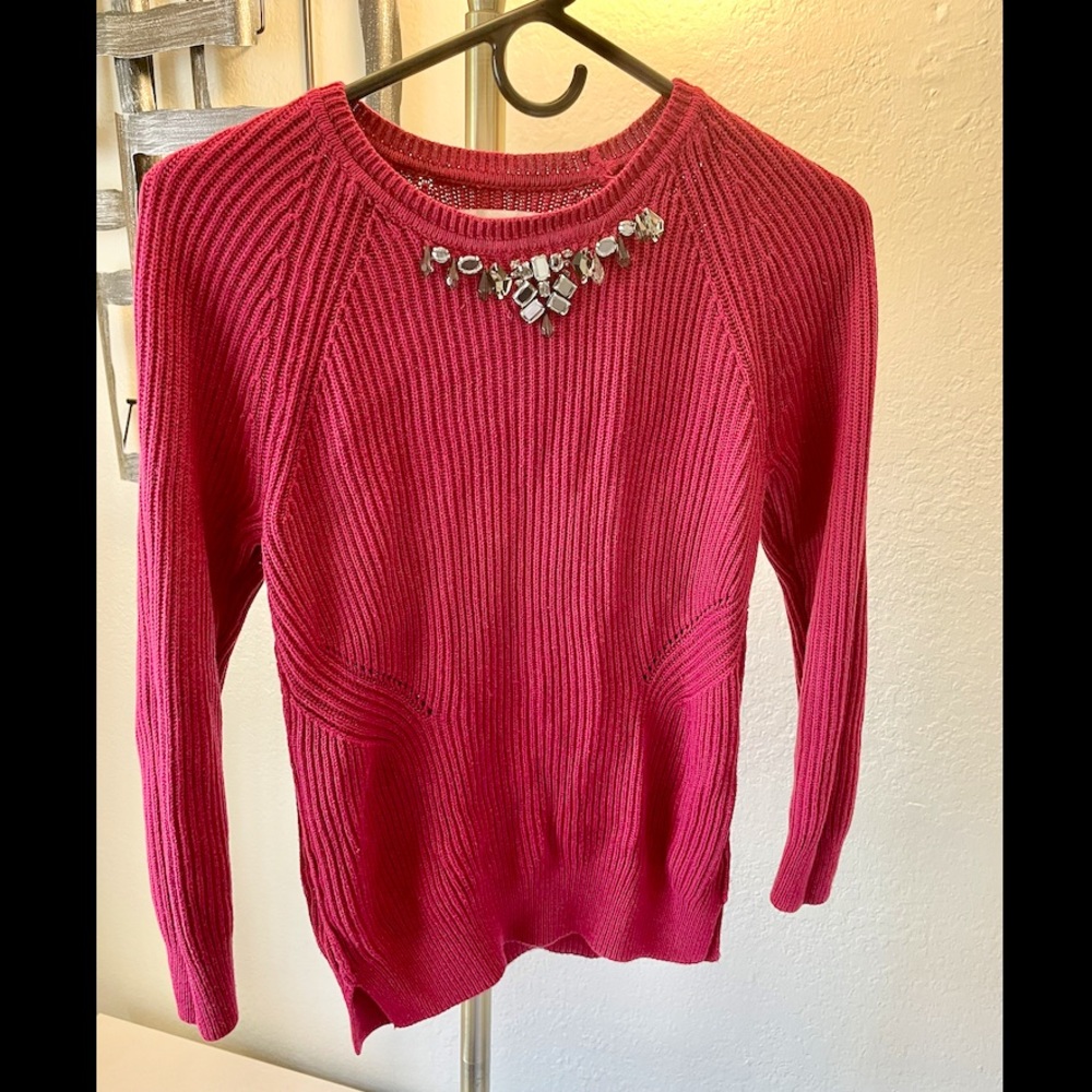 LOFT Burgundy Jeweled Collar Silk blend Knitted Sweater